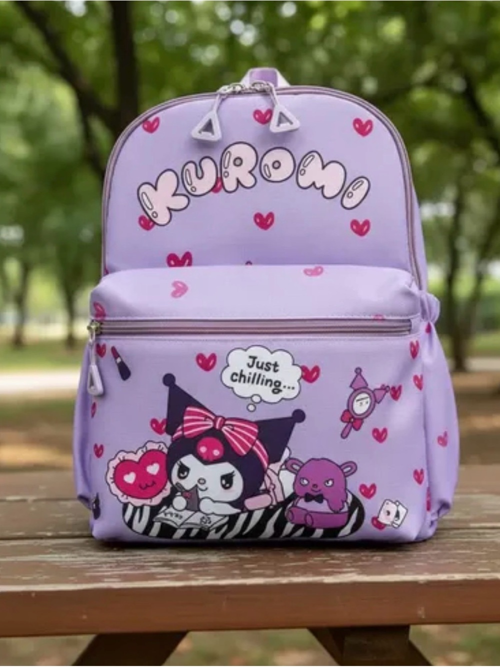 Kuromi just chillin Purple Heart Teddy Bear backpack bag kawaii storage